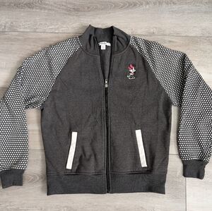 Disney Parks charcoal knit Minnie Mouse bomber jacket with polka dot arms Large